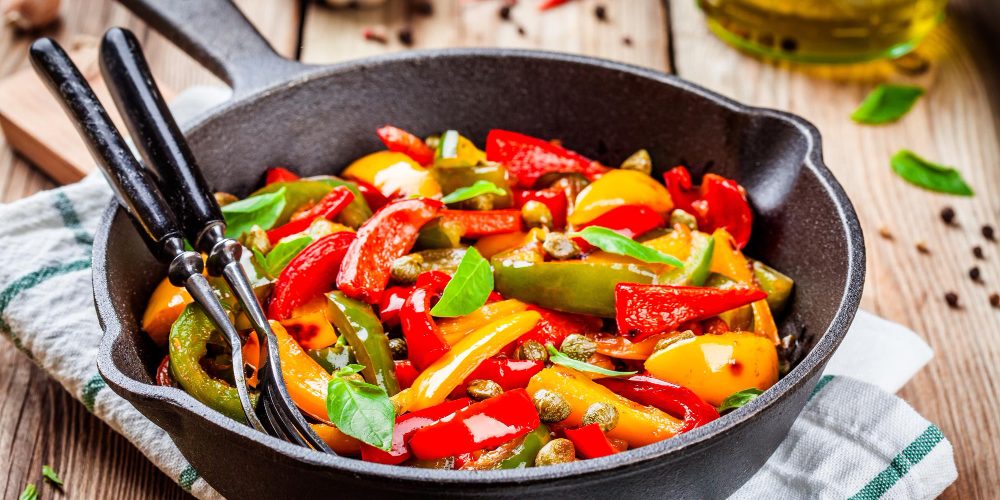 italian-cuisine-peperonata-roasted-bell-pepper-with-capers-basil-pan